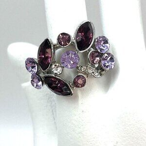 Pink and Purple Crystal Silver Tone Fashion Statement Cocktail Ring Size 6.5